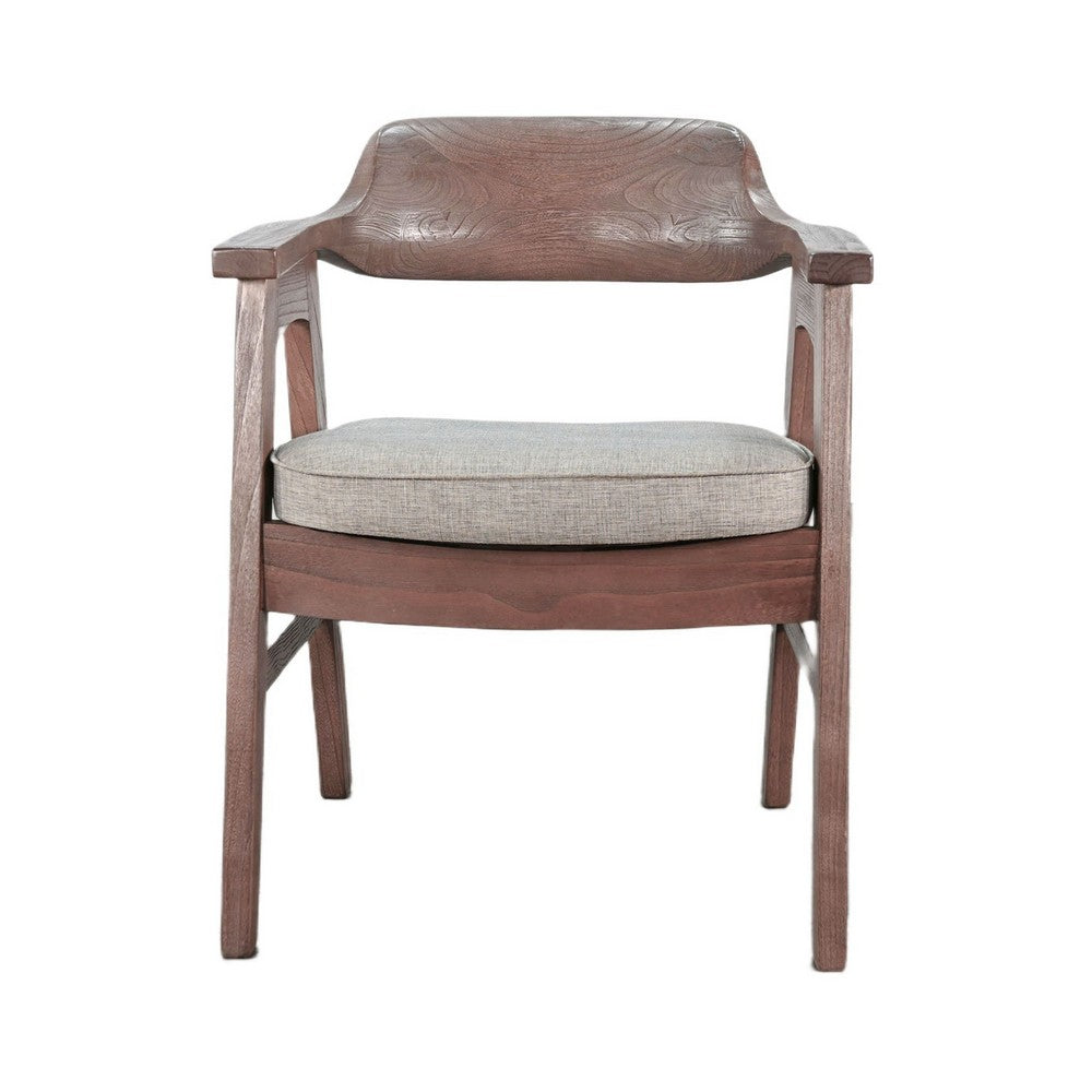 Benjara Reno Dining Armchair Set of 2, Curved Back, Gray Cushion, Medium Brown Wood