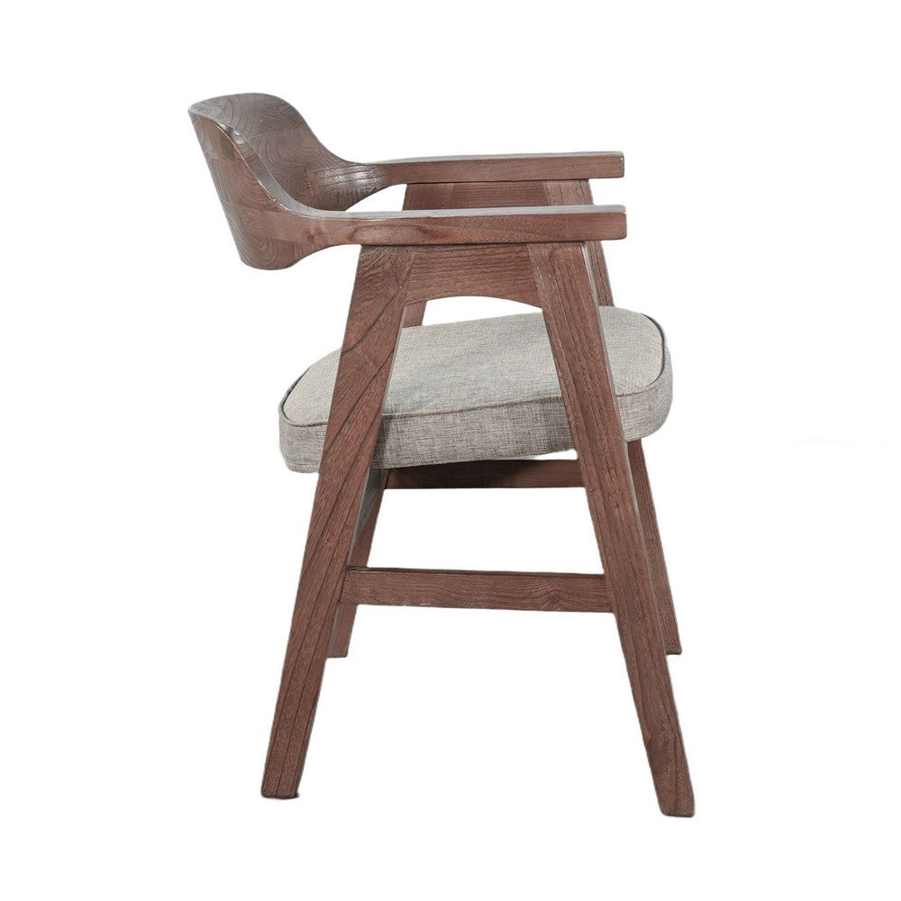 Benjara Reno Dining Armchair Set of 2, Curved Back, Gray Cushion, Medium Brown Wood