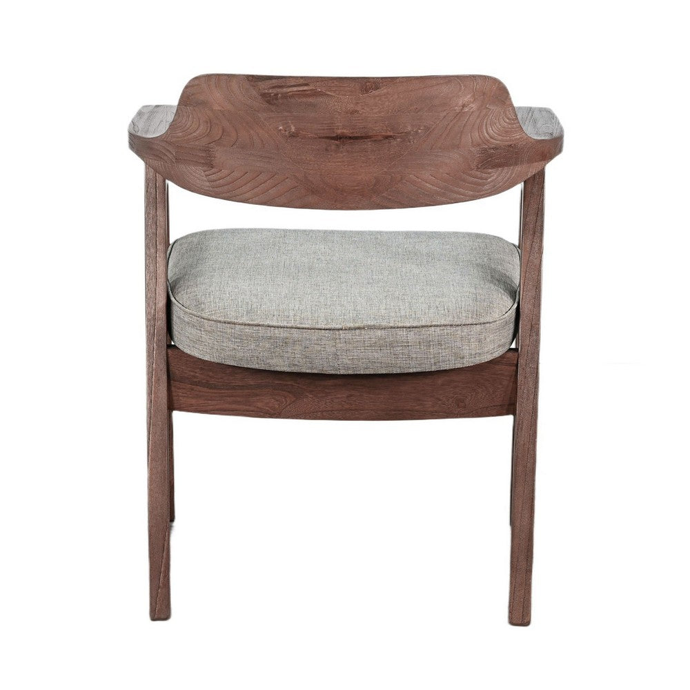 Benjara Reno Dining Armchair Set of 2, Curved Back, Gray Cushion, Medium Brown Wood