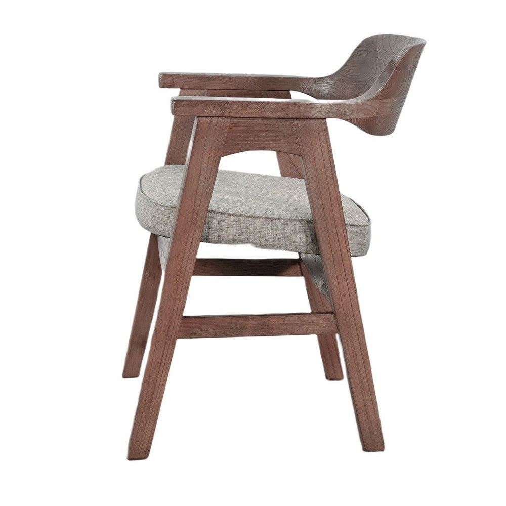 Benjara Reno Dining Armchair Set of 2, Curved Back, Gray Cushion, Medium Brown Wood