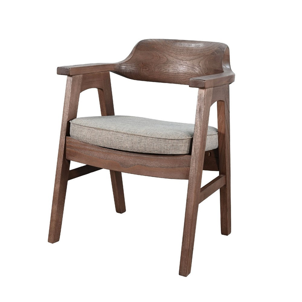 Benjara Reno Dining Armchair Set of 2, Curved Back, Gray Cushion, Medium Brown Wood