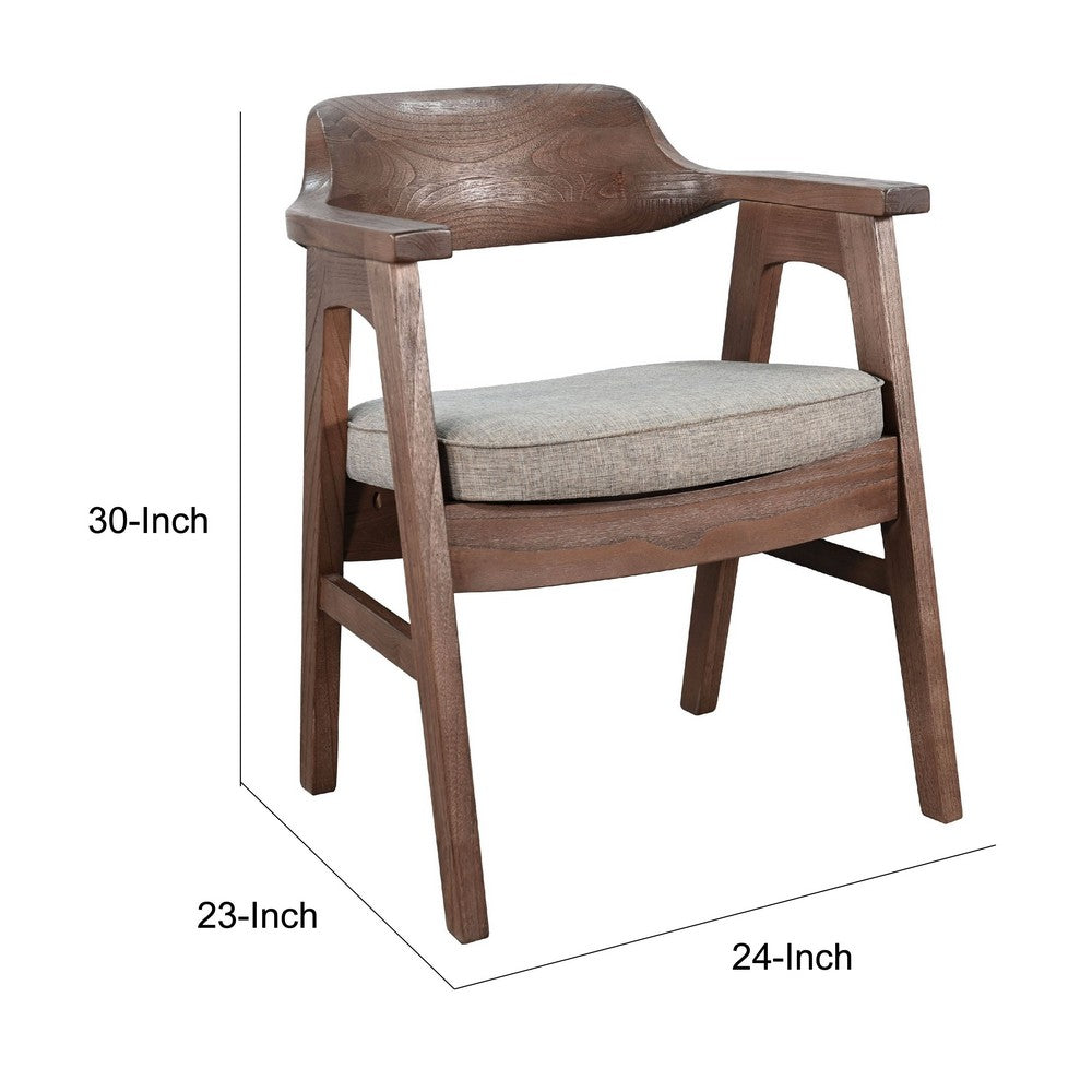 Benjara Reno Dining Armchair Set of 2, Curved Back, Gray Cushion, Medium Brown Wood