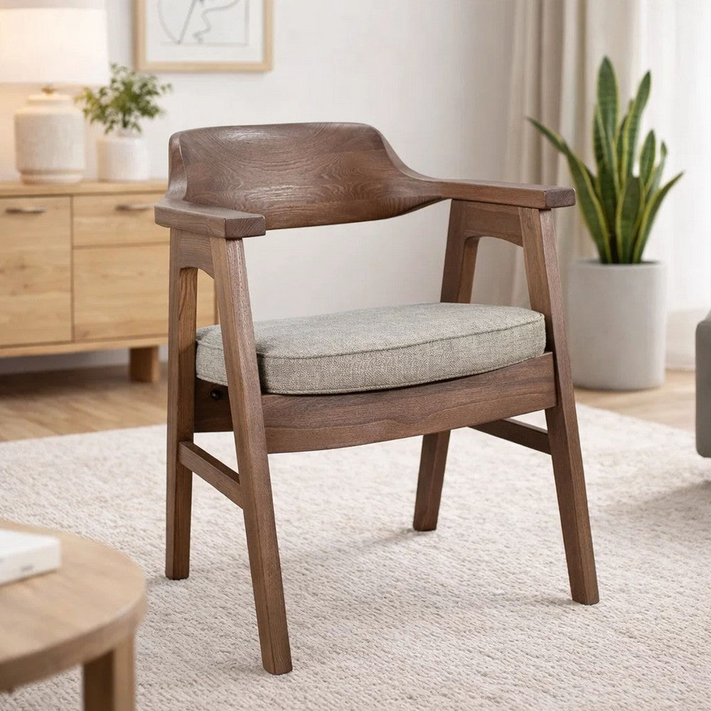 Benjara Reno Dining Armchair Set of 2, Curved Back, Gray Cushion, Medium Brown Wood