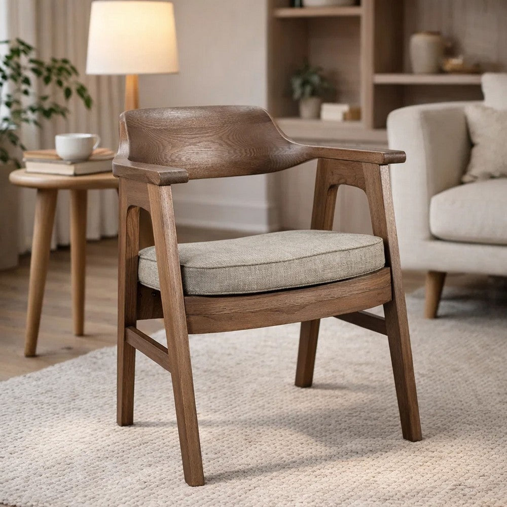 Benjara Reno Dining Armchair Set of 2, Curved Back, Gray Cushion, Medium Brown Wood
