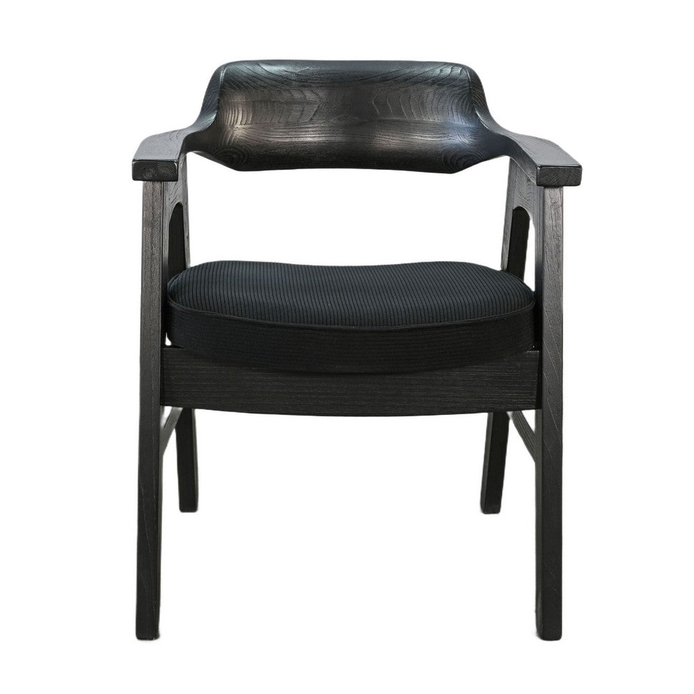 Benjara Reno Dining Armchair Set of 2, Curved Back w Seat Cushion, Umbra Black Wood