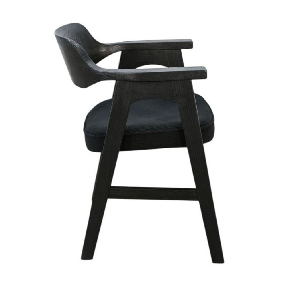 Benjara Reno Dining Armchair Set of 2, Curved Back w Seat Cushion, Umbra Black Wood
