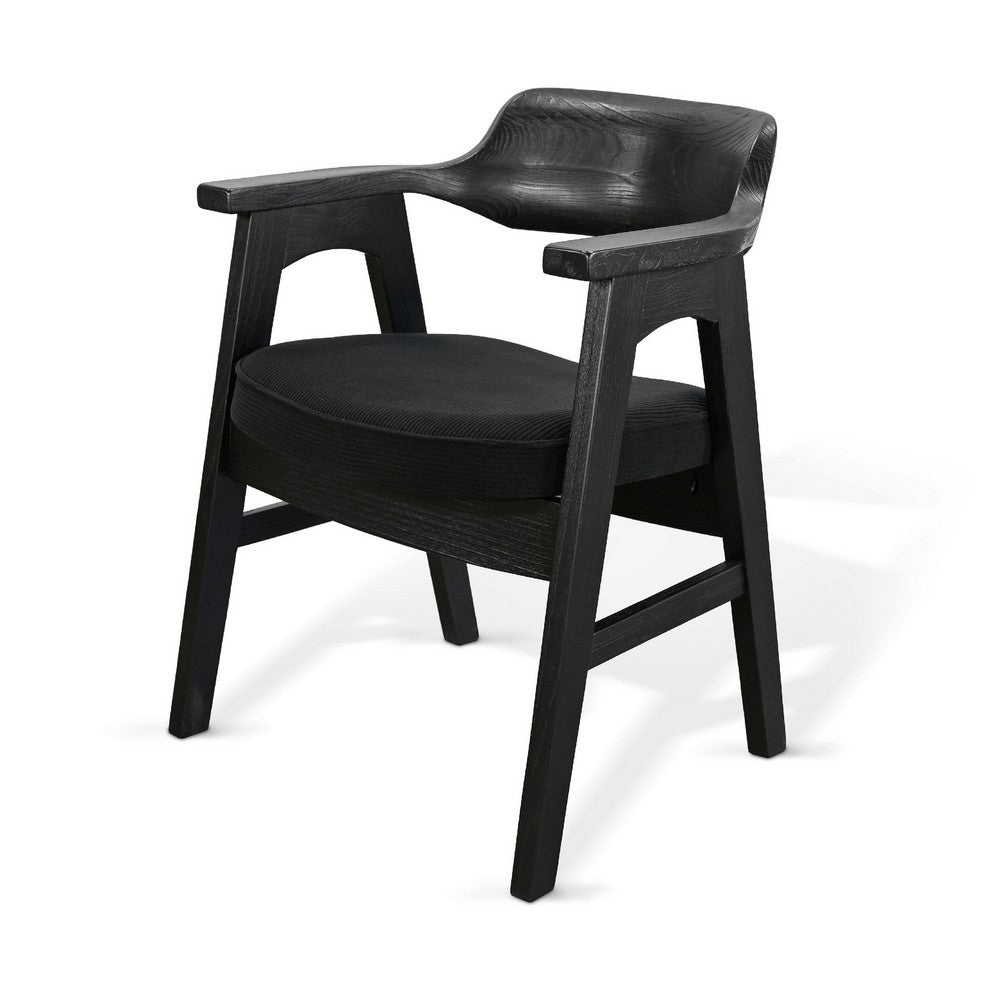 Benjara Reno Dining Armchair Set of 2, Curved Back w Seat Cushion, Umbra Black Wood
