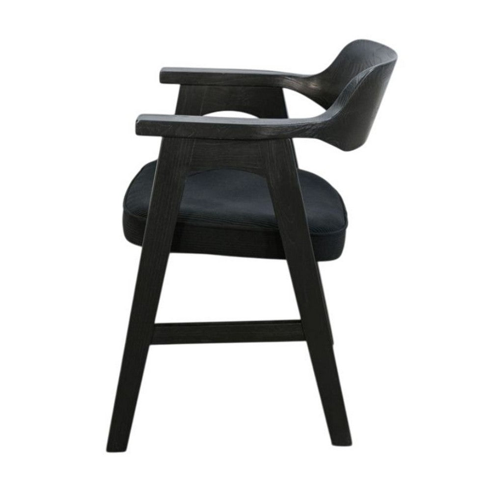 Benjara Reno Dining Armchair Set of 2, Curved Back w Seat Cushion, Umbra Black Wood