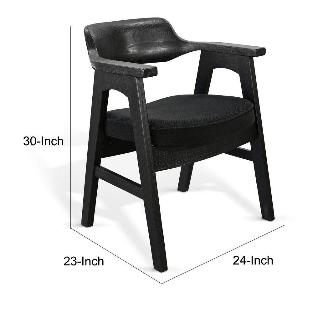 Benjara Reno Dining Armchair Set of 2, Curved Back w Seat Cushion, Umbra Black Wood