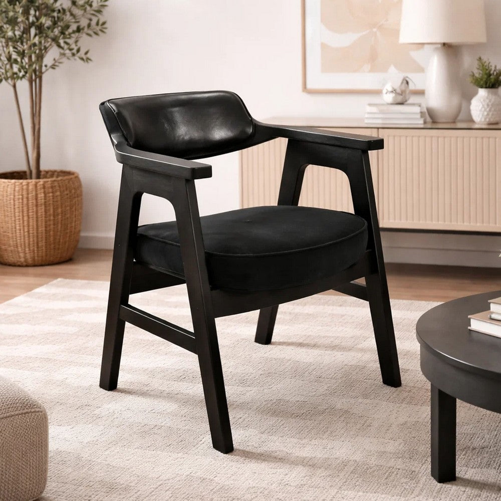 Benjara Reno Dining Armchair Set of 2, Curved Back w Seat Cushion, Umbra Black Wood