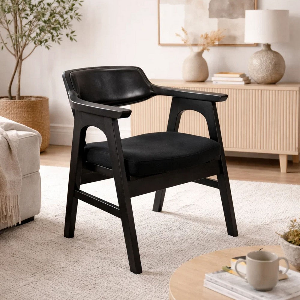 Benjara Reno Dining Armchair Set of 2, Curved Back w Seat Cushion, Umbra Black Wood