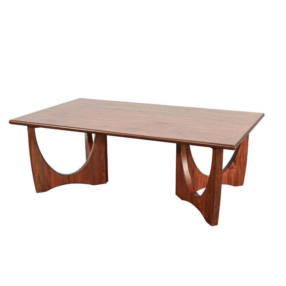 Benjara Natra Coffee Table, 52 Inch Rectangular, Sculpted Base Cinnamon Brown