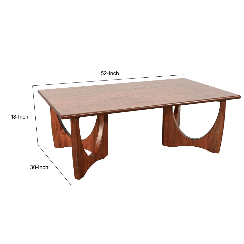 Benjara Natra Coffee Table, 52 Inch Rectangular, Sculpted Base Cinnamon Brown