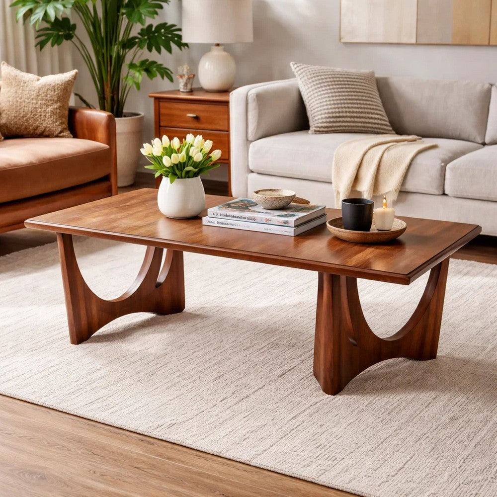 Benjara Natra Coffee Table, 52 Inch Rectangular, Sculpted Base Cinnamon Brown