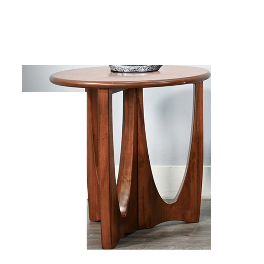 Benjara Natra Side End Table, 26 Inch Round, Sculpted Base Cinnamon Brown