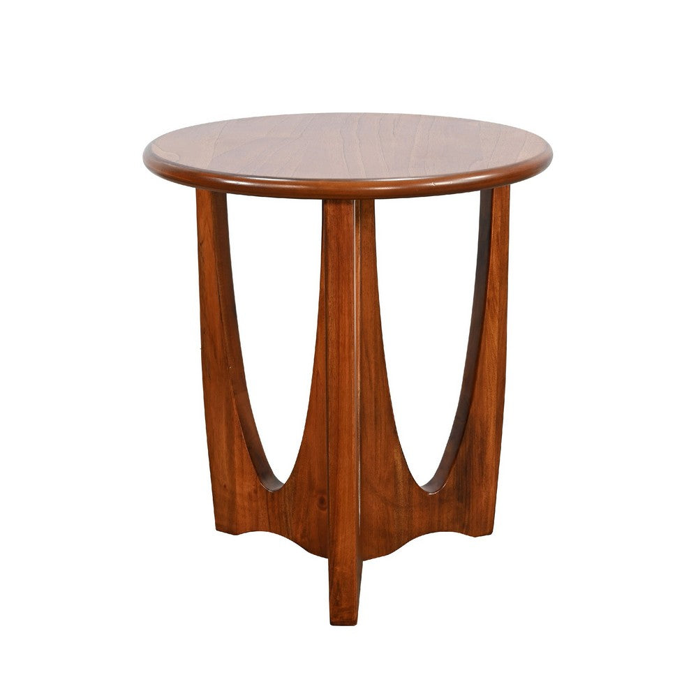 Benjara Natra Side End Table, 26 Inch Round, Sculpted Base Cinnamon Brown