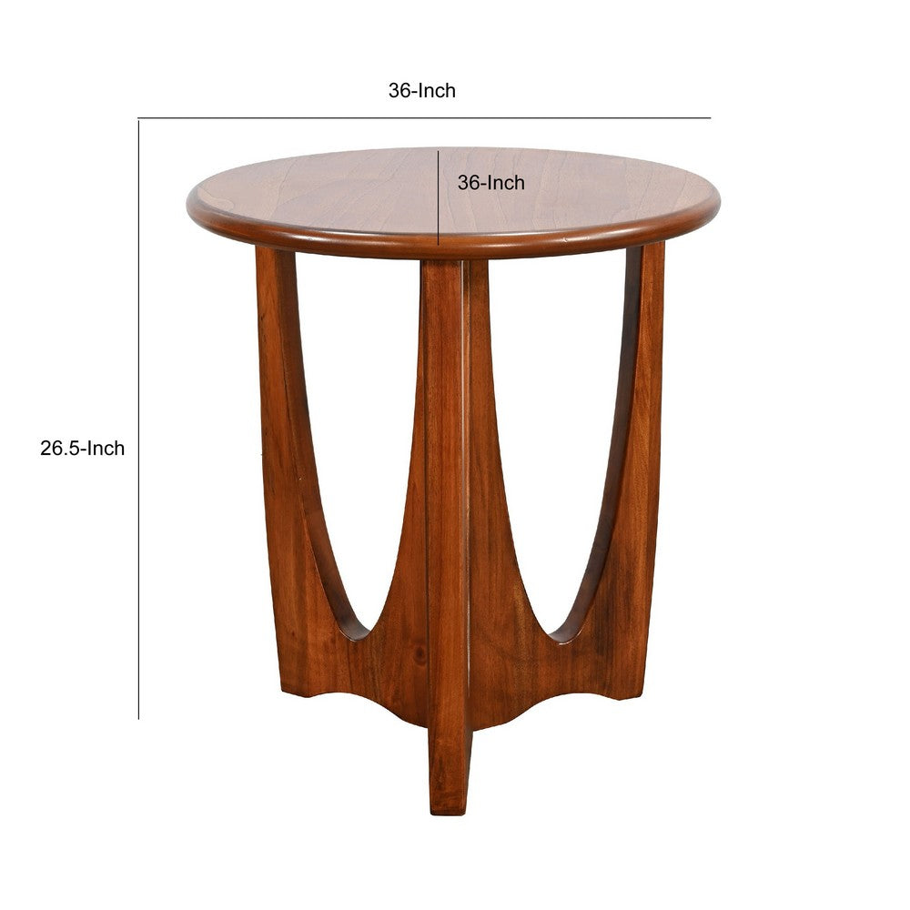 Benjara Natra Side End Table, 26 Inch Round, Sculpted Base Cinnamon Brown