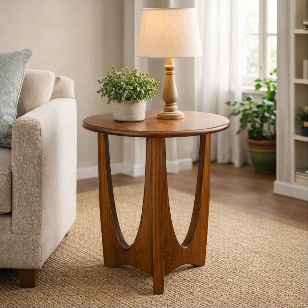 Benjara Natra Side End Table, 26 Inch Round, Sculpted Base Cinnamon Brown