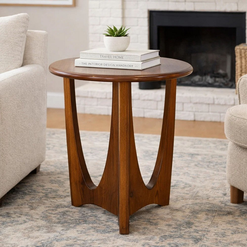 Benjara Natra Side End Table, 26 Inch Round, Sculpted Base Cinnamon Brown
