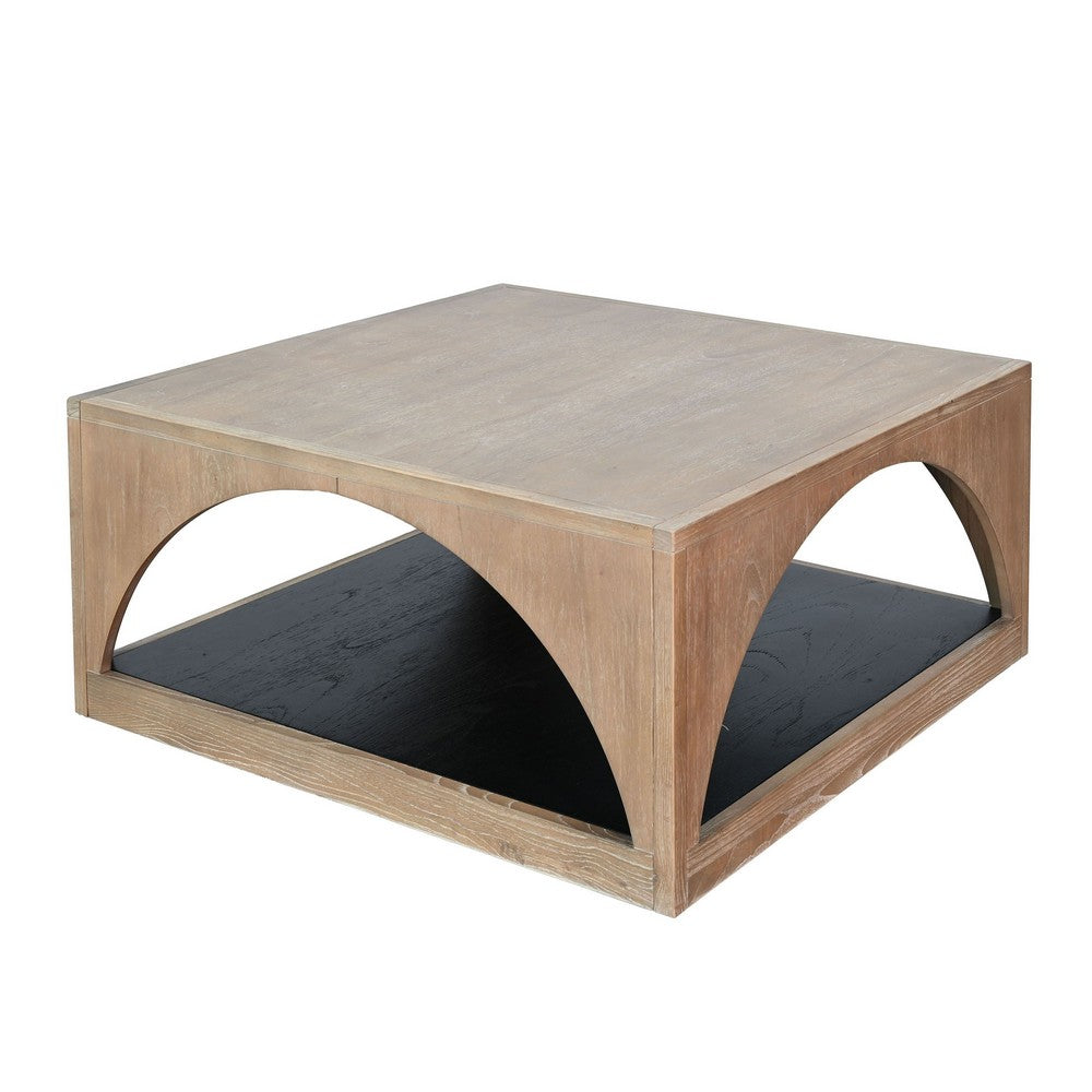Benjara Lesy Coffee Table, 36 Inch Square Top with Lower Shelf, Brown, Black