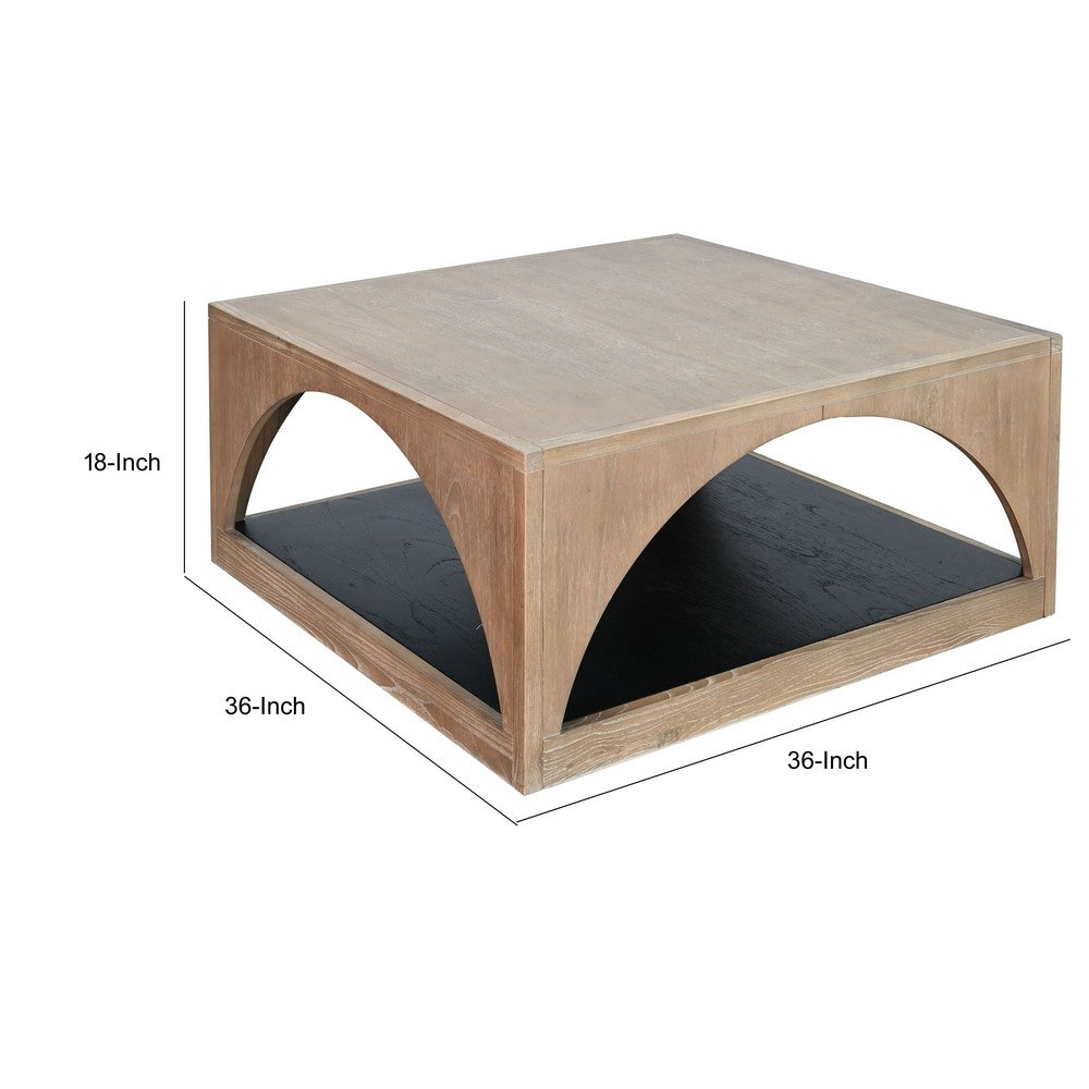 Benjara Lesy Coffee Table, 36 Inch Square Top with Lower Shelf, Brown, Black