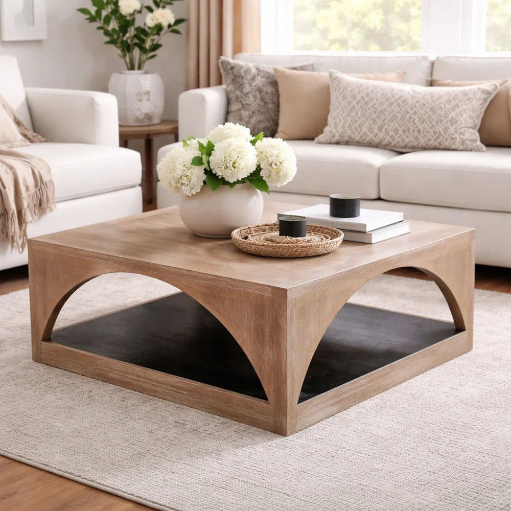 Benjara Lesy Coffee Table, 36 Inch Square Top with Lower Shelf, Brown, Black