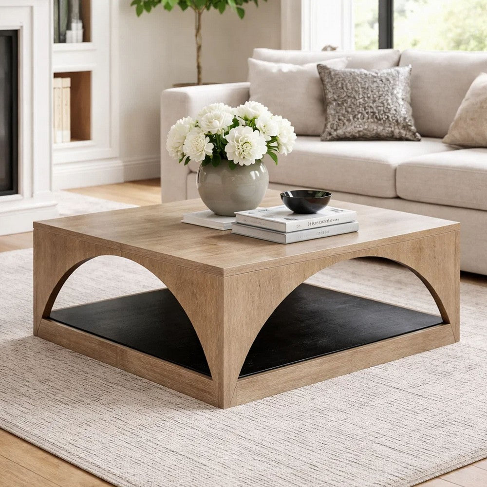 Benjara Lesy Coffee Table, 36 Inch Square Top with Lower Shelf, Brown, Black