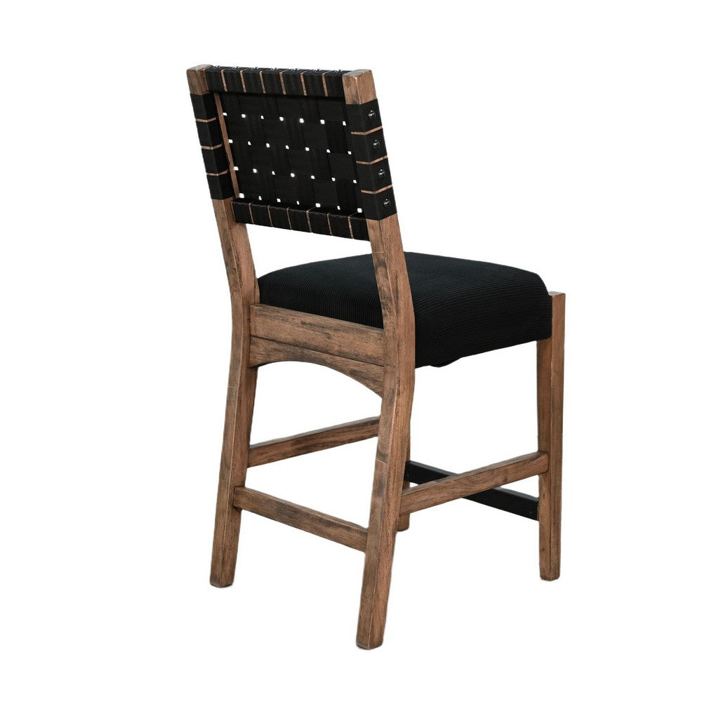 Benjara Jesa Counter Stool Chair Set of 2, Black Woven Back, Brown Mahogany Wood