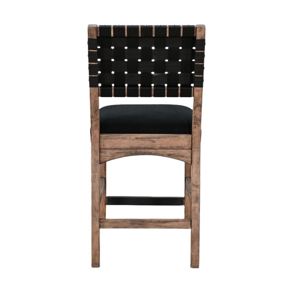 Benjara Jesa Counter Stool Chair Set of 2, Black Woven Back, Brown Mahogany Wood