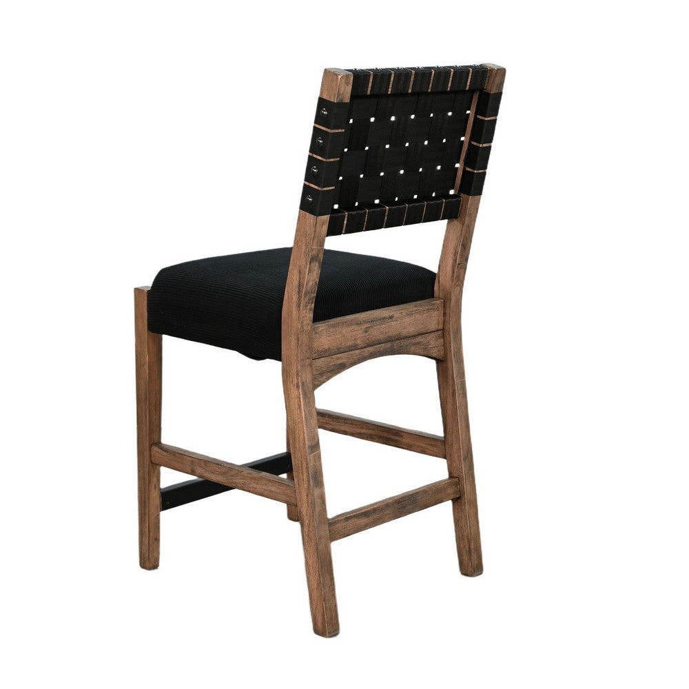 Benjara Jesa Counter Stool Chair Set of 2, Black Woven Back, Brown Mahogany Wood