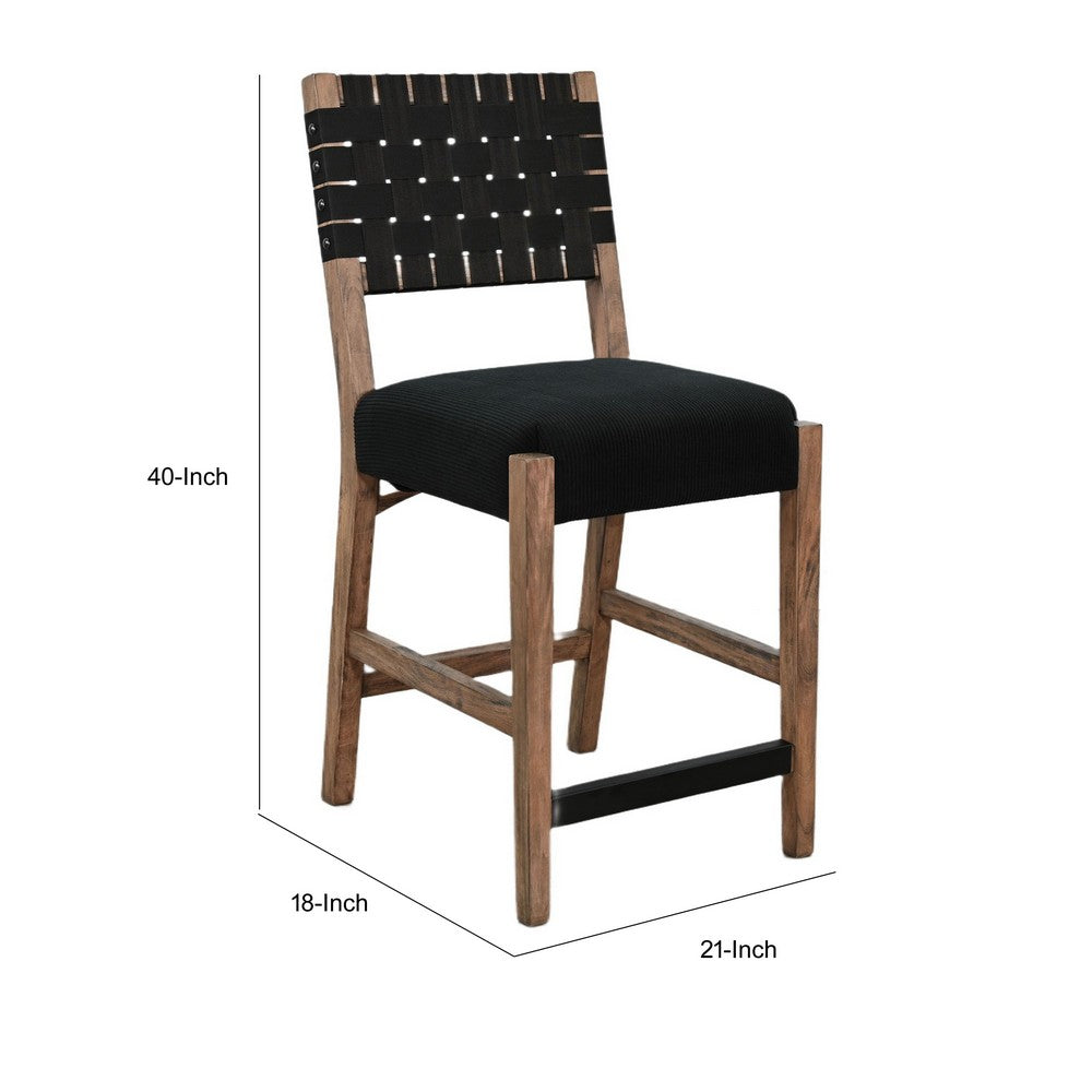 Benjara Jesa Counter Stool Chair Set of 2, Black Woven Back, Brown Mahogany Wood