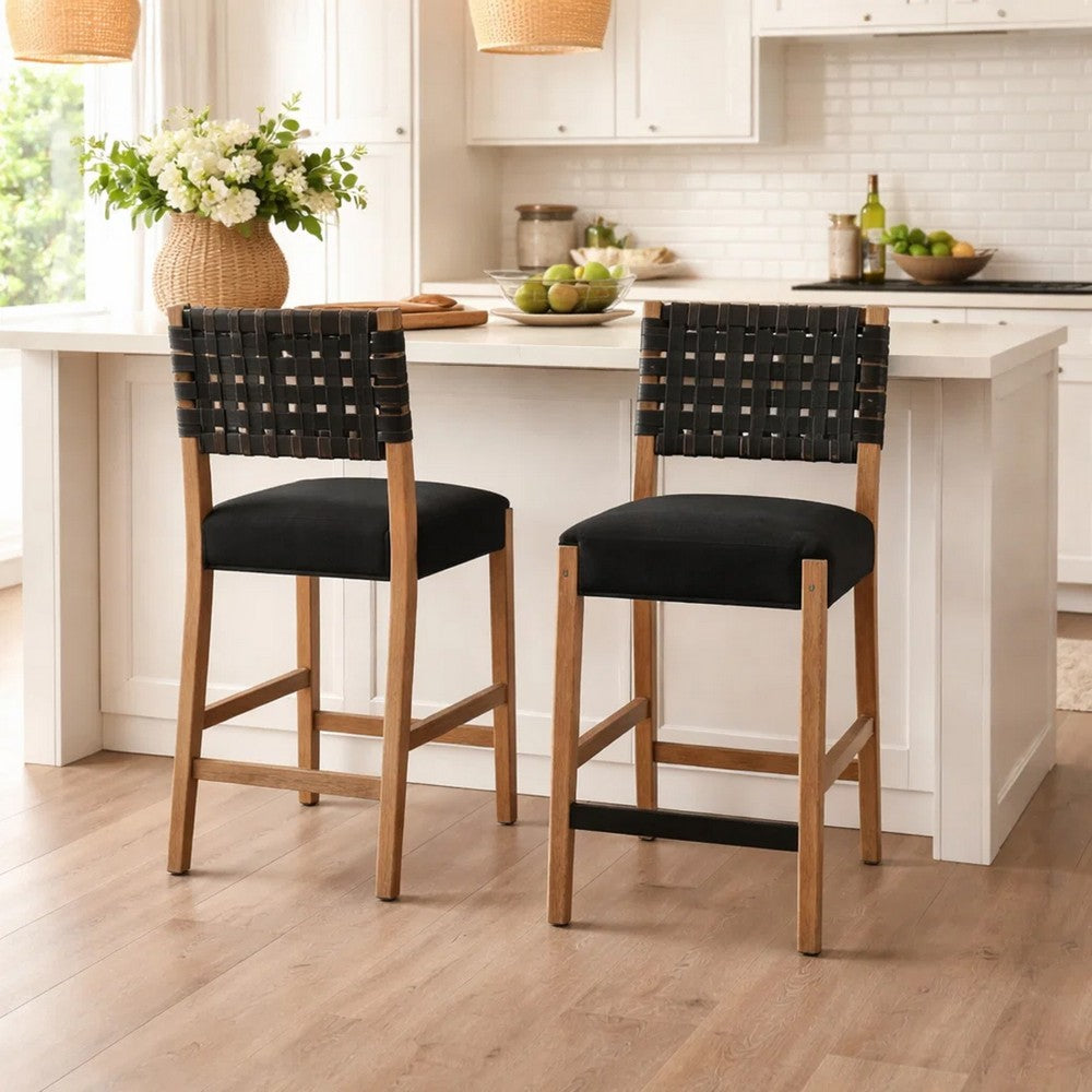 Benjara Jesa Counter Stool Chair Set of 2, Black Woven Back, Brown Mahogany Wood