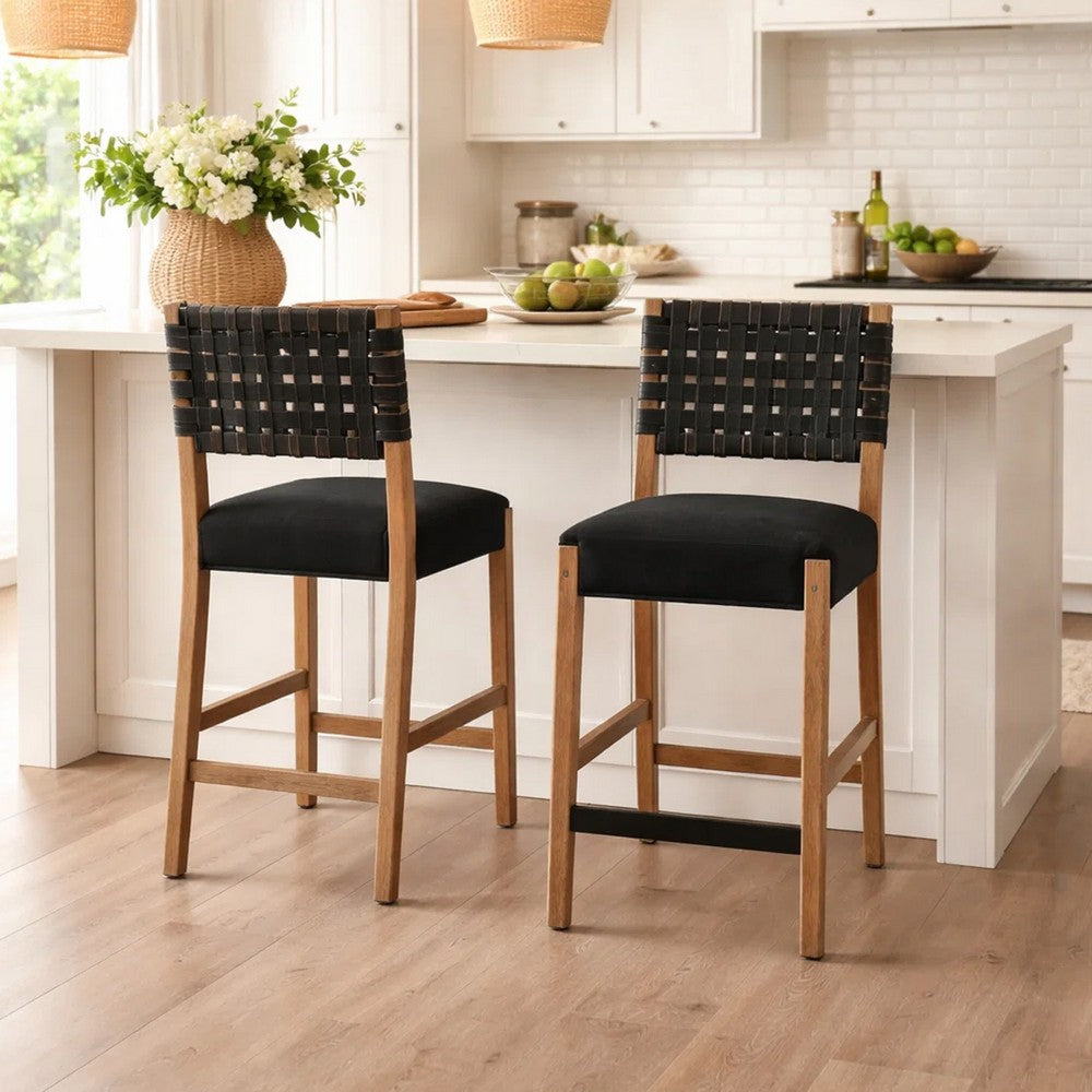 Benjara Jesa Counter Stool Chair Set of 2, Black Woven Back, Brown Mahogany Wood