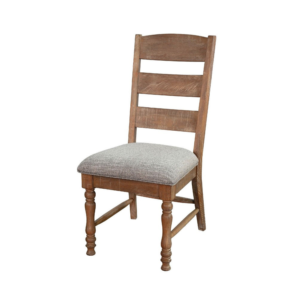 Benjara Jake Dining Side Chair Set of 2, Ladder Back, Gray Seat, Amber Brown Wood