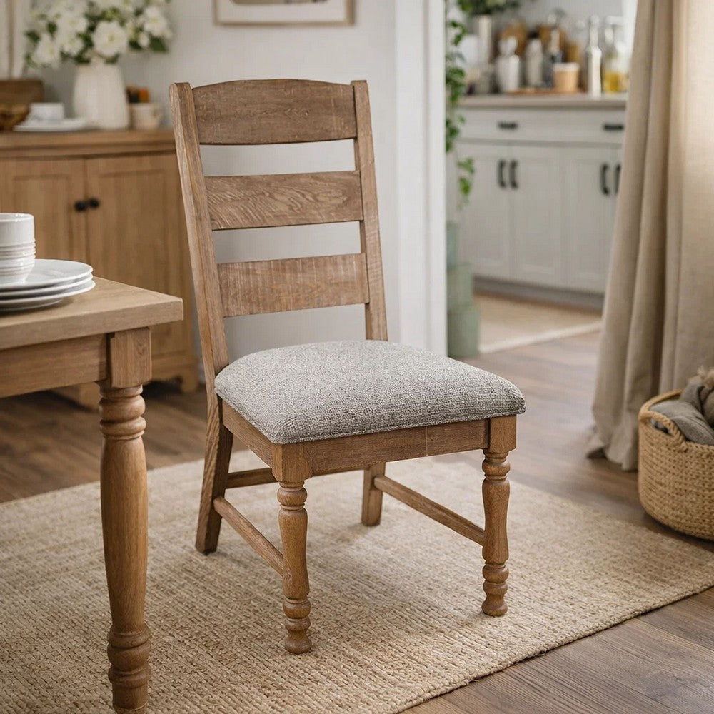 Benjara Jake Dining Side Chair Set of 2, Ladder Back, Gray Seat, Amber Brown Wood