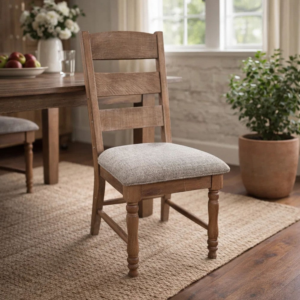 Benjara Jake Dining Side Chair Set of 2, Ladder Back, Gray Seat, Amber Brown Wood
