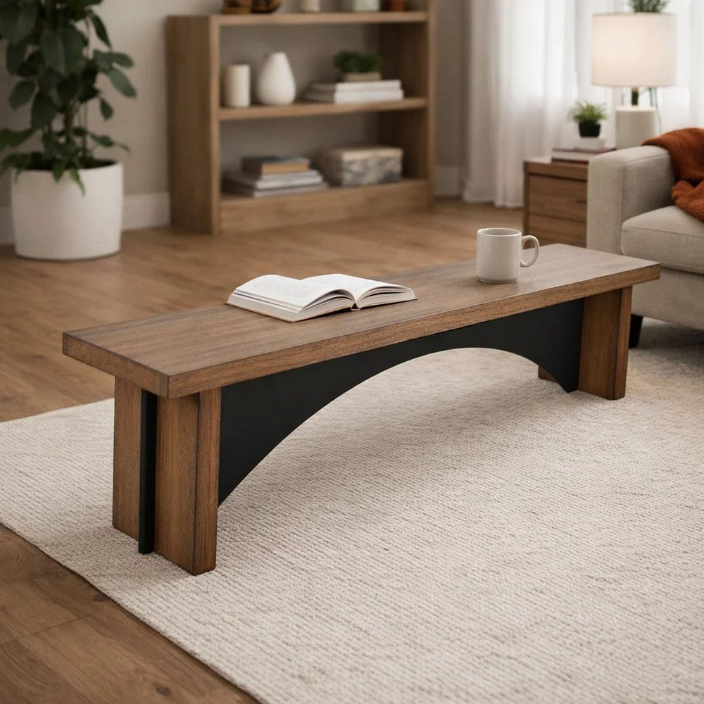 Benjara Dining Bench, 72 Inch Desert Brown Mahogany Wood, Black Arched Base