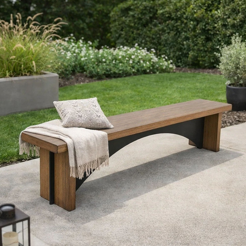 Benjara Dining Bench, 72 Inch Desert Brown Mahogany Wood, Black Arched Base