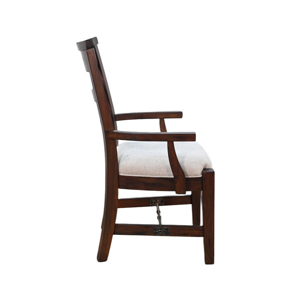 Benjara Reggie Armchair Set of 2, Mocha Brown Mahogany Wood, White Padded Seat