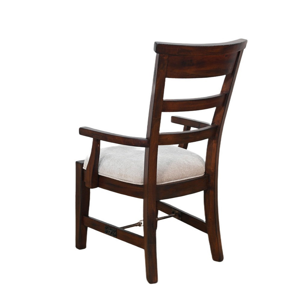 Benjara Reggie Armchair Set of 2, Mocha Brown Mahogany Wood, White Padded Seat