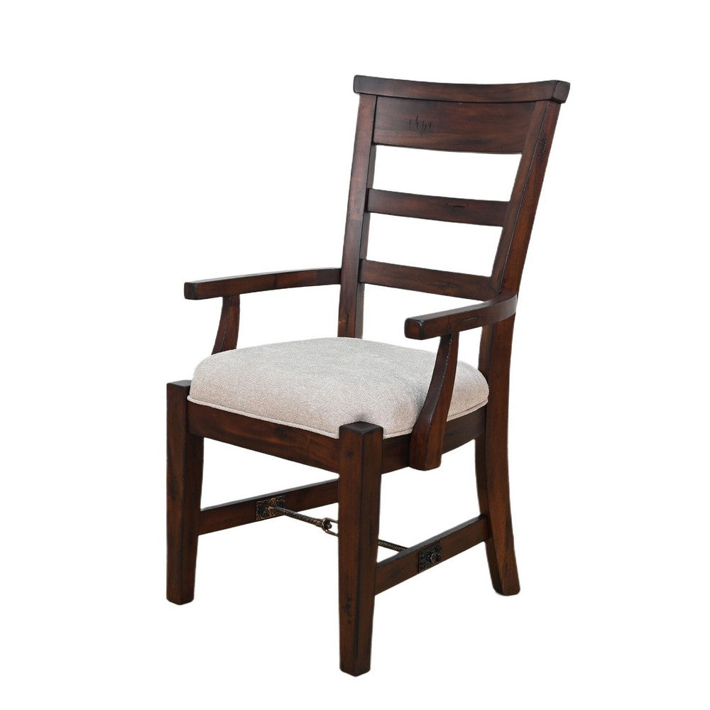 Benjara Reggie Armchair Set of 2, Mocha Brown Mahogany Wood, White Padded Seat