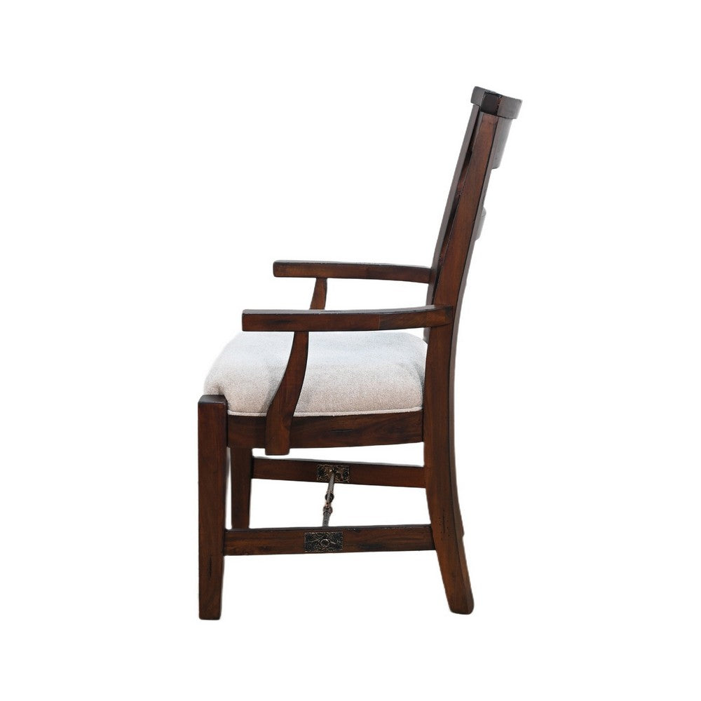 Benjara Reggie Armchair Set of 2, Mocha Brown Mahogany Wood, White Padded Seat