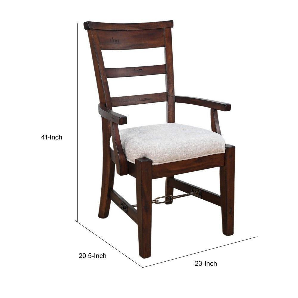 Benjara Reggie Armchair Set of 2, Mocha Brown Mahogany Wood, White Padded Seat