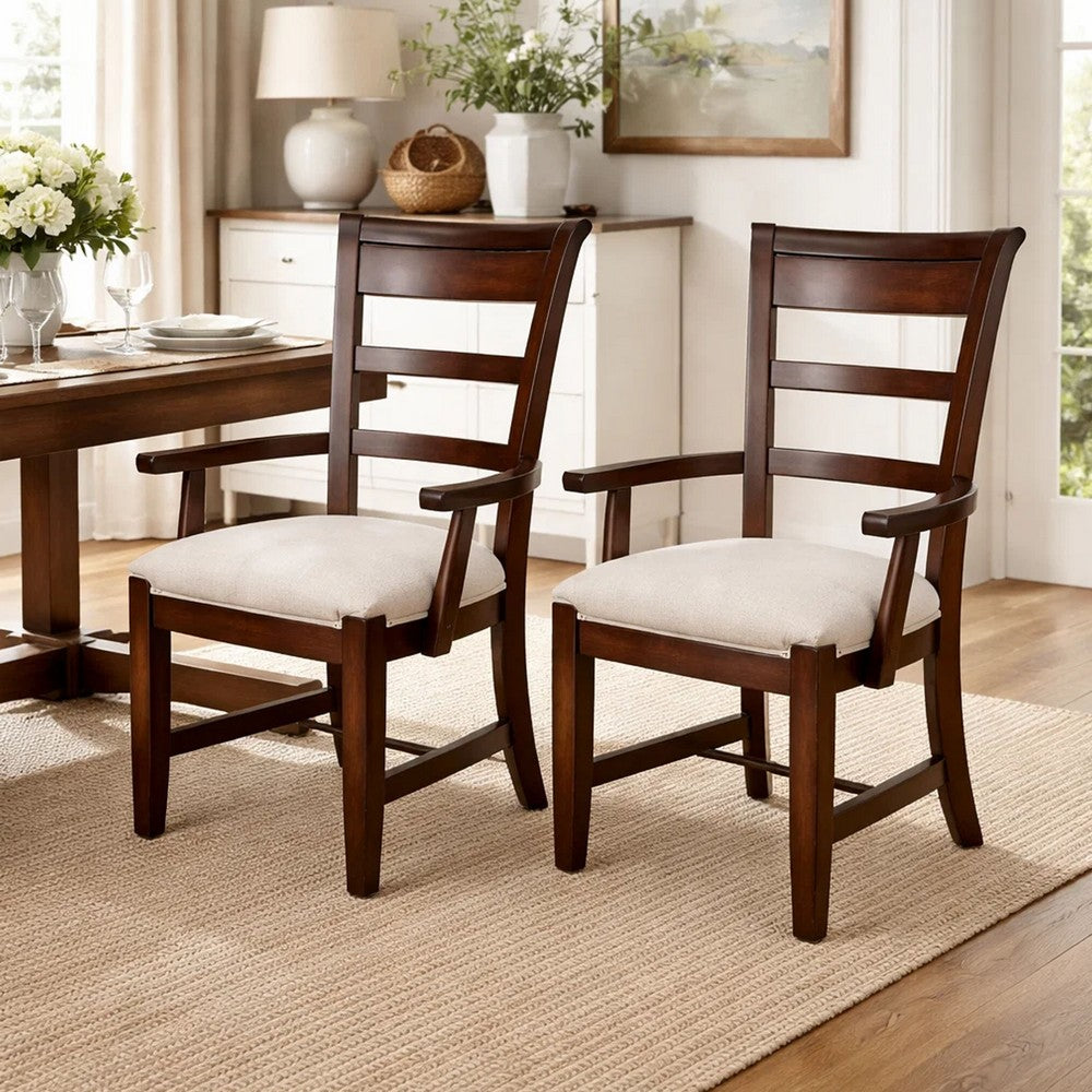 Benjara Reggie Armchair Set of 2, Mocha Brown Mahogany Wood, White Padded Seat