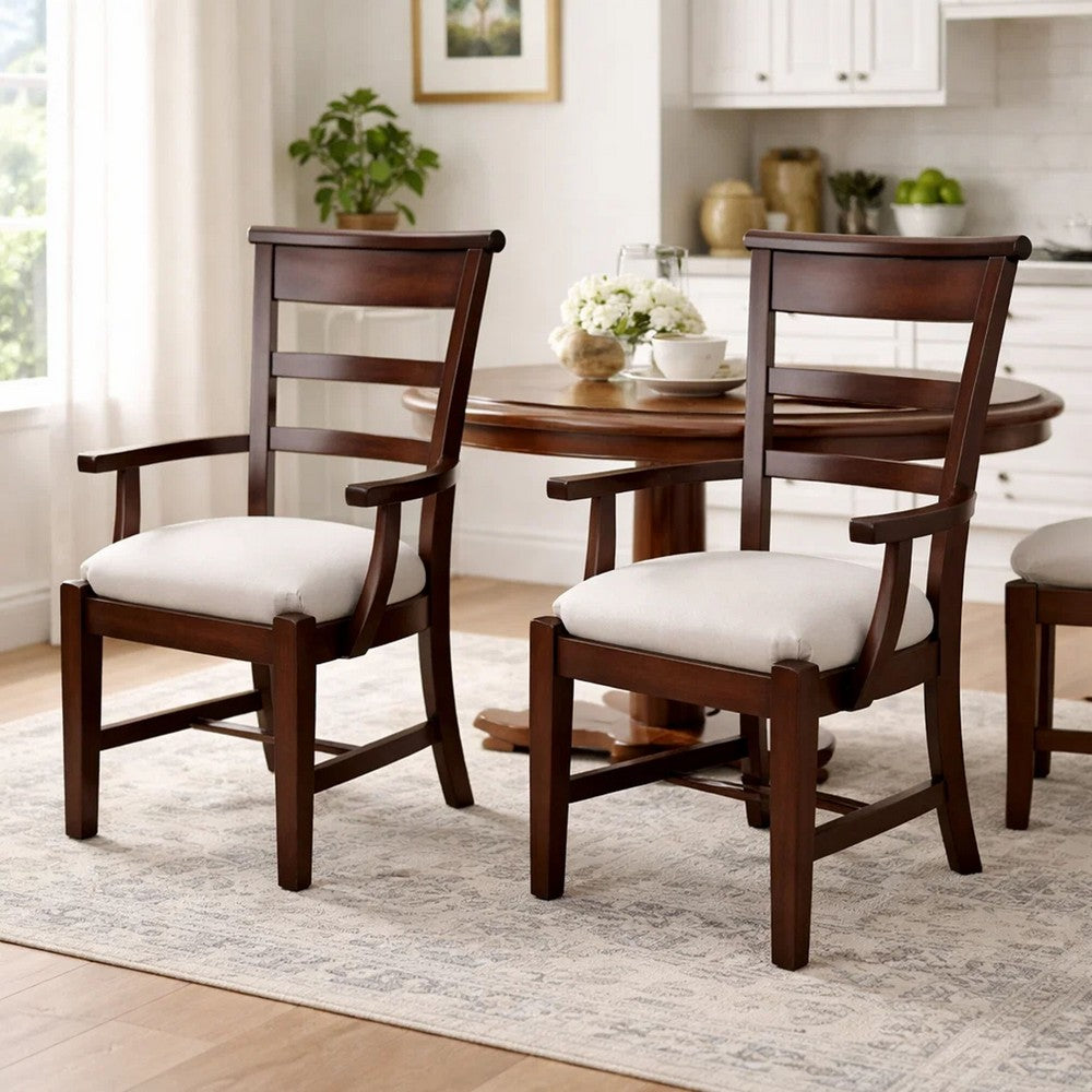 Benjara Reggie Armchair Set of 2, Mocha Brown Mahogany Wood, White Padded Seat