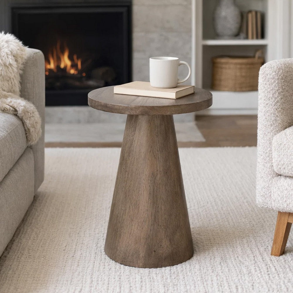 Benjara Myro Accent Table, 13 Inch Round Top with Cone Base, Buckskin Brown Mahogany Wood