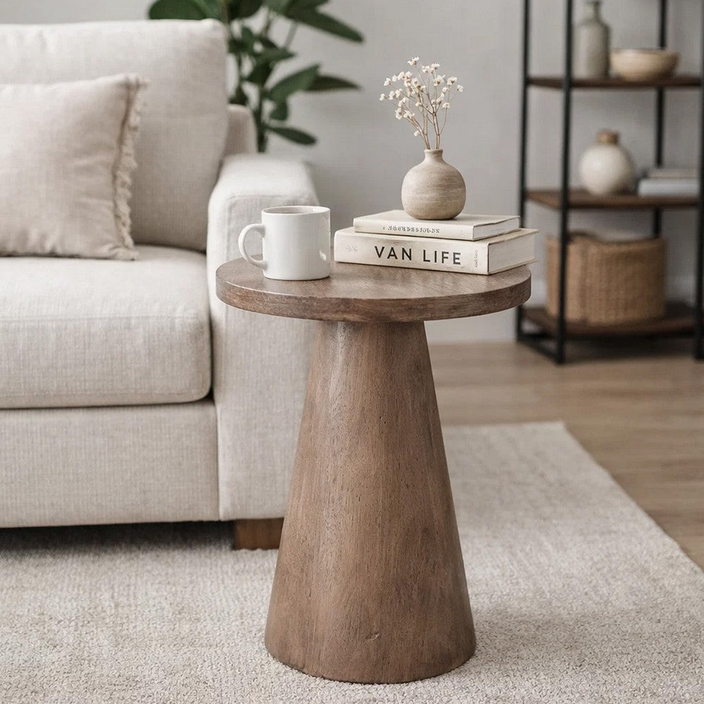 Benjara Myro Accent Table, 13 Inch Round Top with Cone Base, Buckskin Brown Mahogany Wood