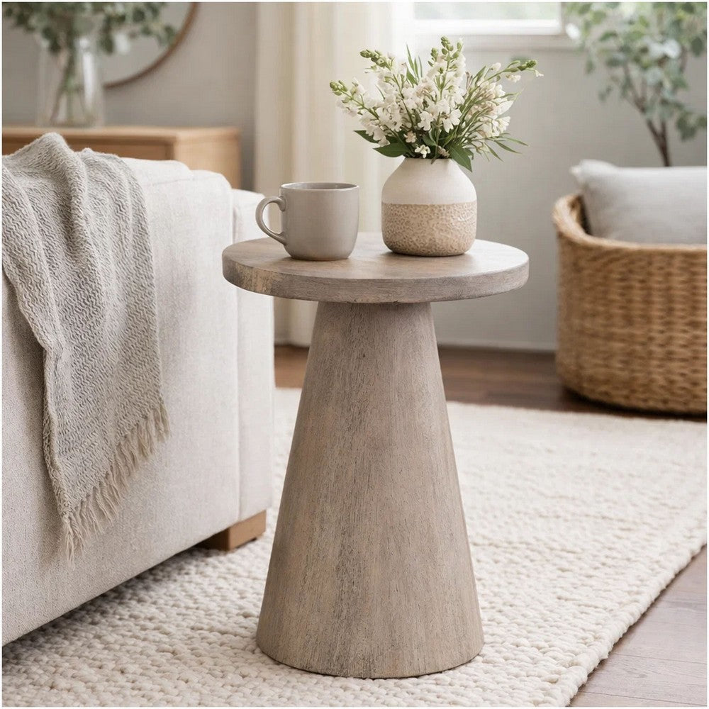 Benjara Myro Accent Table, 13 Inch Round Top with Cone Base, Hazelnut Brown Mahogany Wood