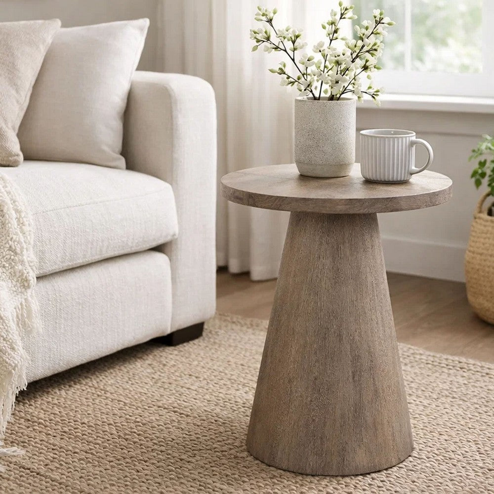 Benjara Myro Accent Table, 13 Inch Round Top with Cone Base, Hazelnut Brown Mahogany Wood