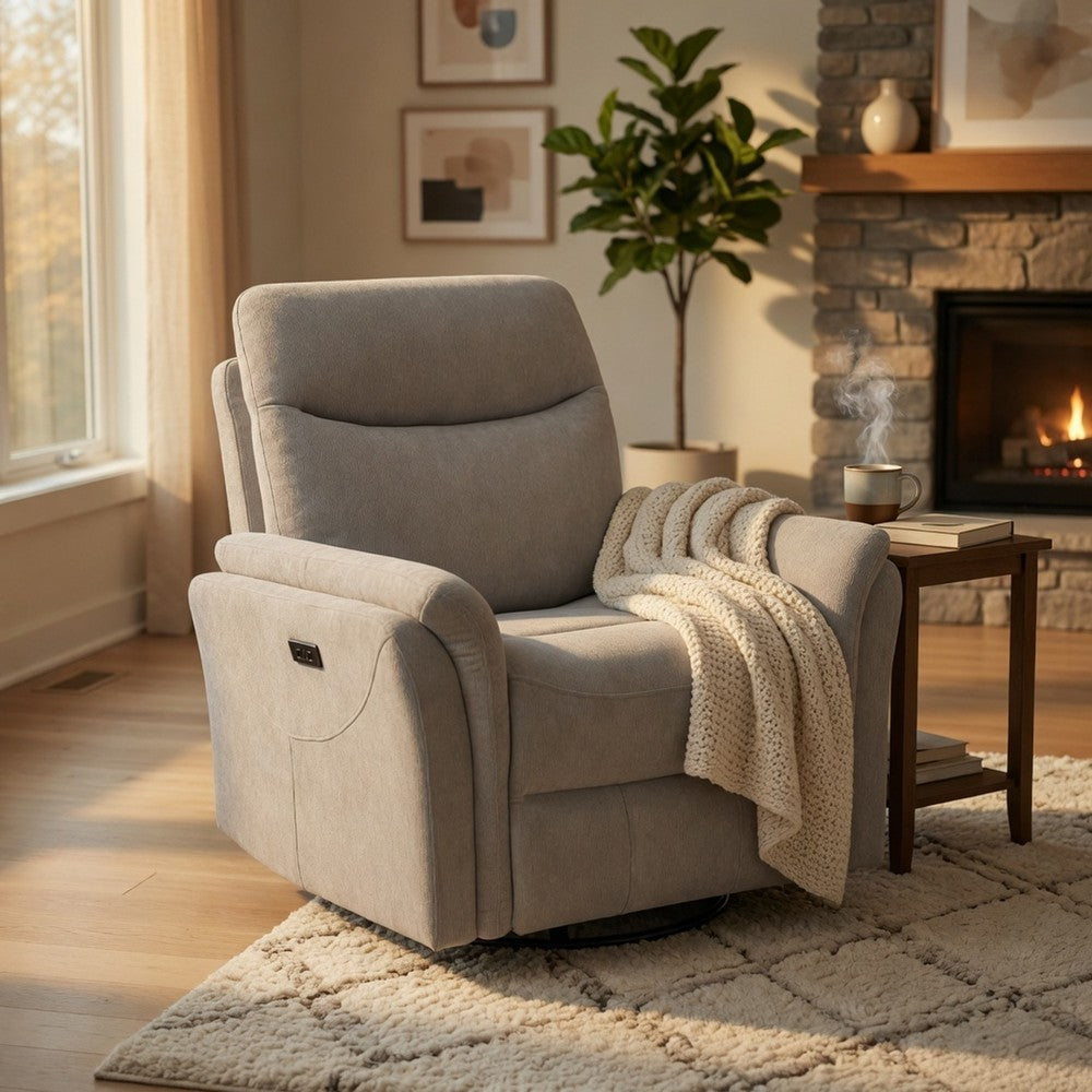 Benjara Asley Swivel Power Glider Recliner Chair with USB Ports, Ivory Fabric